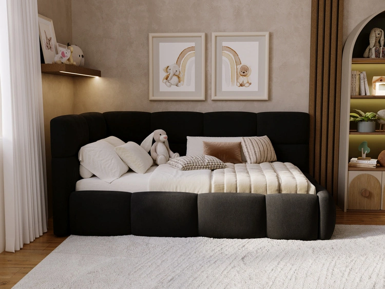 Gepolstertes Jugend-Einzelbett mit Bettkasten und Bettrost aus Holz 90x200 Modo One Rechts Schwarz