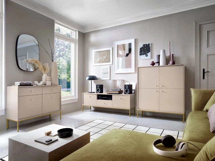 TV-Lowboard mit Schublade und Türen mit Golden Metallbeinen Amor Beige