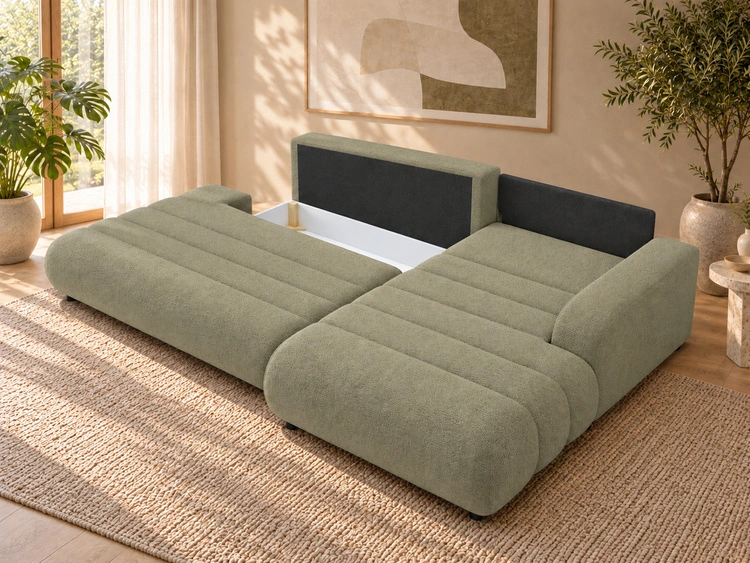 Ecksofa L-Form mit Schlaffunktion und Bettkasten Lisso Rechts Grün
