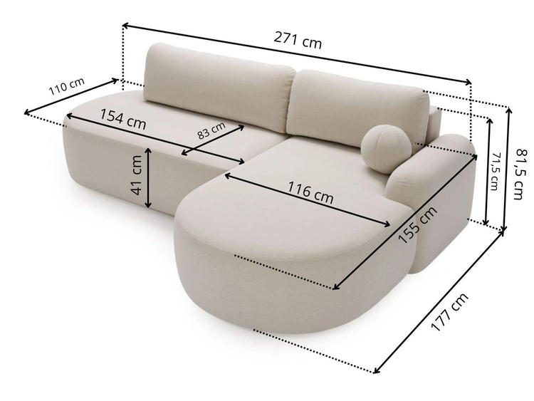 Ecksofa L-Form Rechts mit Schlaffunktion und Bettkasten Aurio O Creme