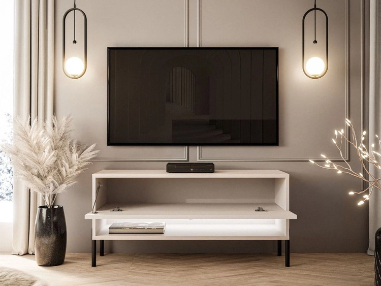 TV-Schrank 90 cm mit LED-Beleuchtung und schwarzen Metallbeinen Aurelie Kaschmir matt