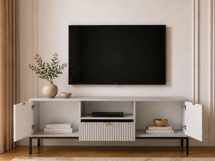 TV-Lowboard mit Schublade und Türen Amber Grau, Schwarz Frame