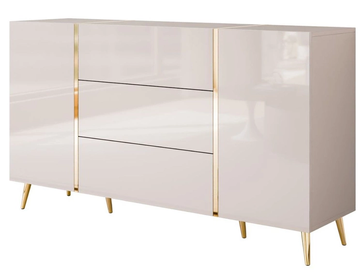 Zweitürige Kommode 158 cm mit drei Schubladen und Metallbeinen Lunelie Kaschmirglanz