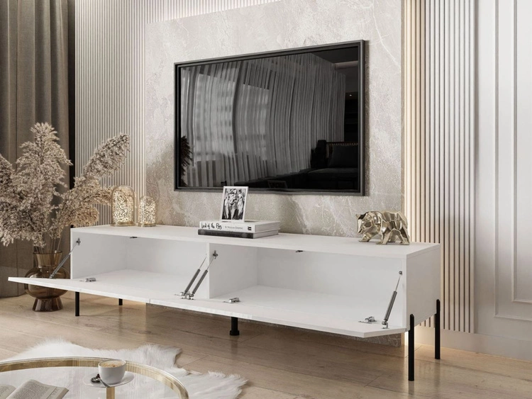 TV-Lowboard mit Türen auf Schwarzen Metallbeinen 175 cm mit LED-Beleuchtung Sorelle Weiß Hochglanz