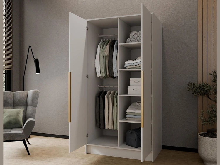 Kleiderschrank mit Spiegel 100 cm Lucca Weiß mit goldenen Griffen