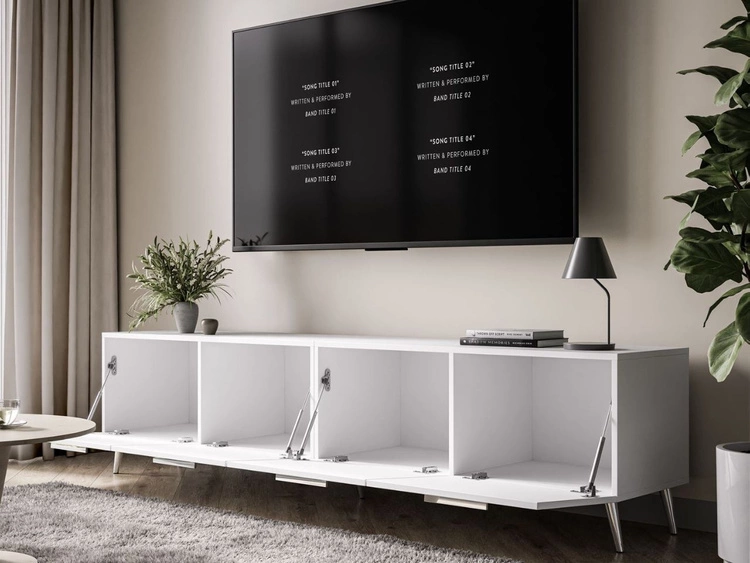 TV-Lowboard mit Türen auf Silbernen Metallbeinen 200 cm Noaé Weiß Hochglanz