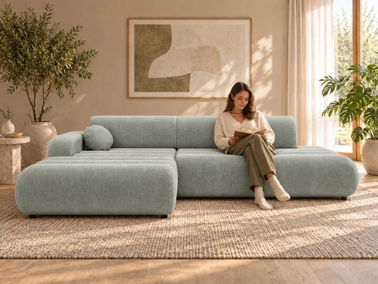 Ecksofa L-Form mit Schlaffunktion und Bettkasten Lisso Links Hellgrün
