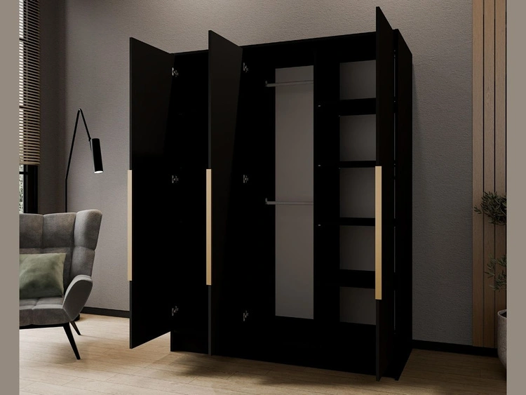 Kleiderschrank mit Spiegel 150 cm Lucca Schwarz mit goldenen Griffen
