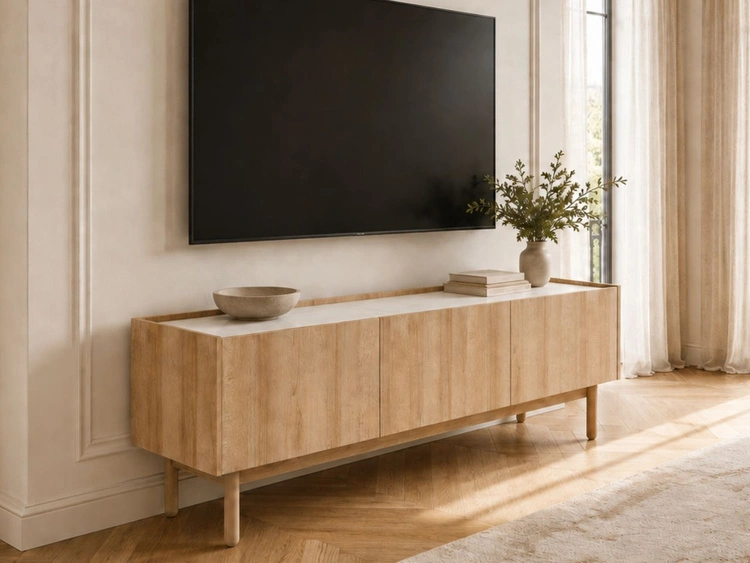 TV-Lowboard mit Türen Braha Riviera Eiche, Marmor Bianco