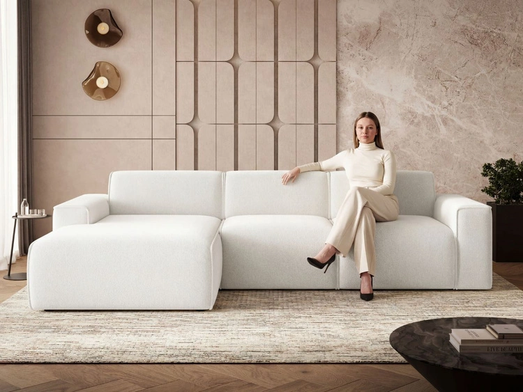 Ecksofa L-Form Links Lavia Bouclé-Stoff Weiß