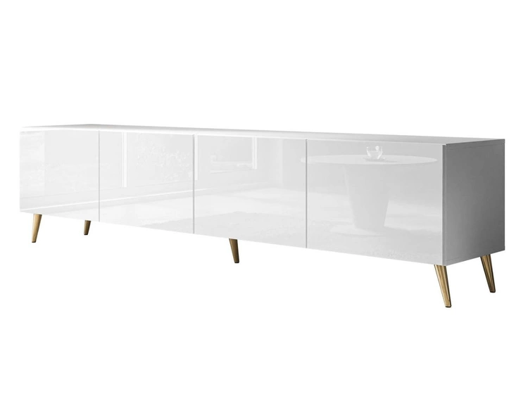 TV-Lowboard mit Türen auf Goldenen Metallbeinen 200 cm Nodoo Weiß Hochglanz