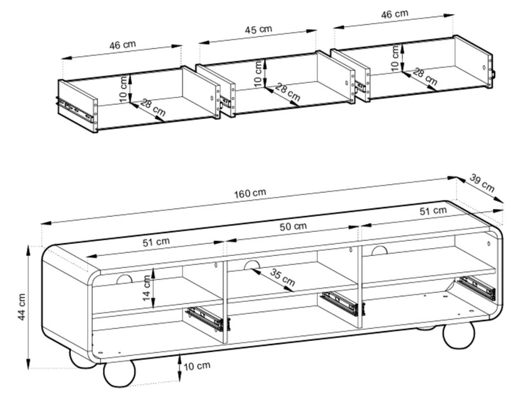 TV-Lowboard 160 cm mit Schubladen auf Kugelfüßen Soffio Kaschmir