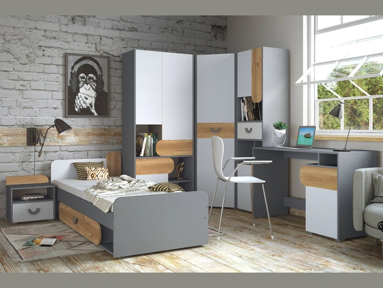 Eckkleiderschrank mit einer Tür für ein Jugendzimmer Casa Nash Eiche, Weiß, Grau