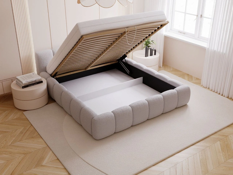 Polsterbett mit Bettkasten und Lattenrost 140x200 Cloud Low Bouclé-Stoff Grau