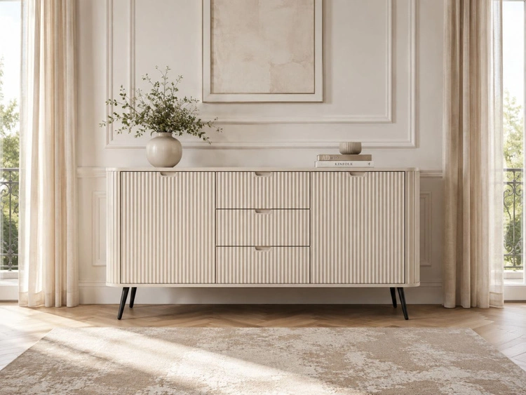 Kommode mit Türen und Schubladen Viva Beige auf Schwarzen Beinen