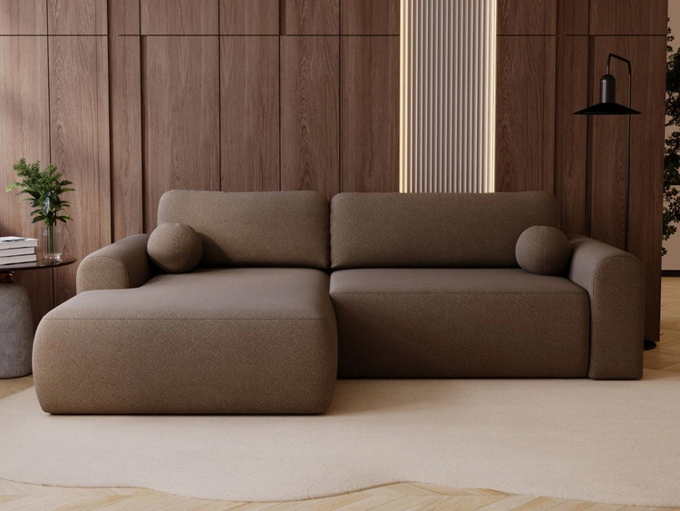 Ecksofa L-Form mit Schlaffunktion und Bettkasten Savana Links Bouclé-Stoff Braun