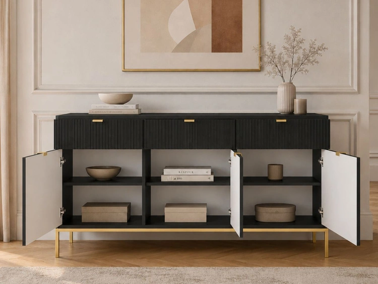 Kommode mit Türen und Schubladen Amber Schwarz, Gold Frame