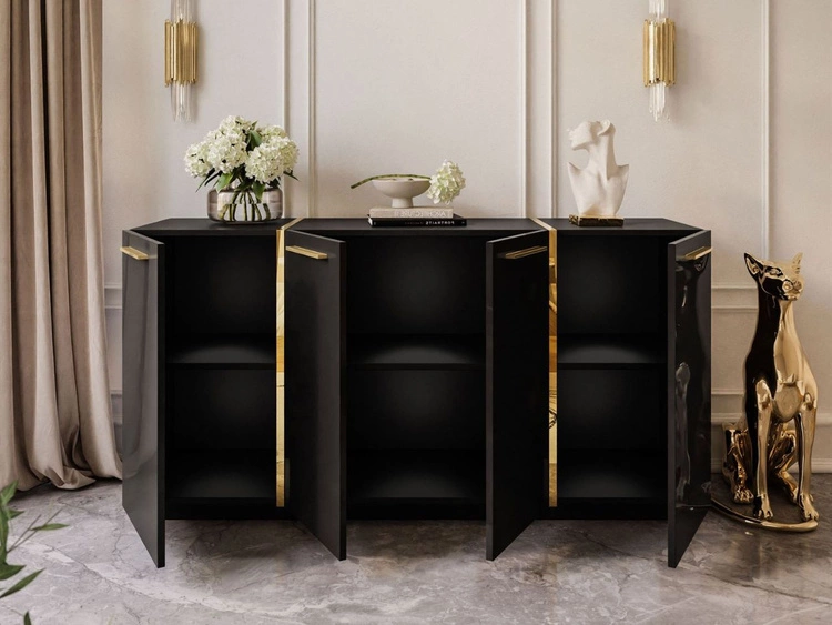 Viertürige Kommode 158 cm Glamour-Stil mit goldenen Griffen Lunelie Schwarzglanz