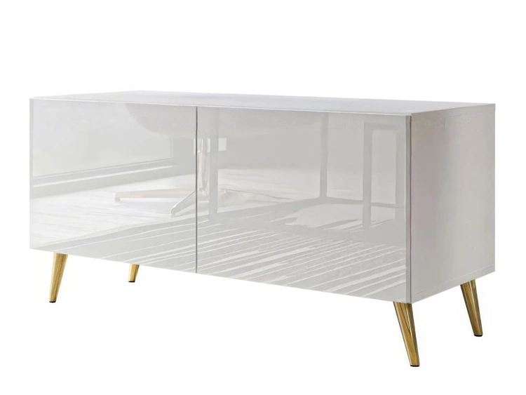 TV-Lowboard mit Türen und LED-Beleuchtung auf Goldenen Metallbeinen 100 cm Noaé Weiß Hochglanz