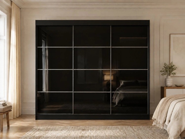 Schiebetürenschrank mit Sprossen 250 cm mit LED-Beleuchtung Ponti Schwarz