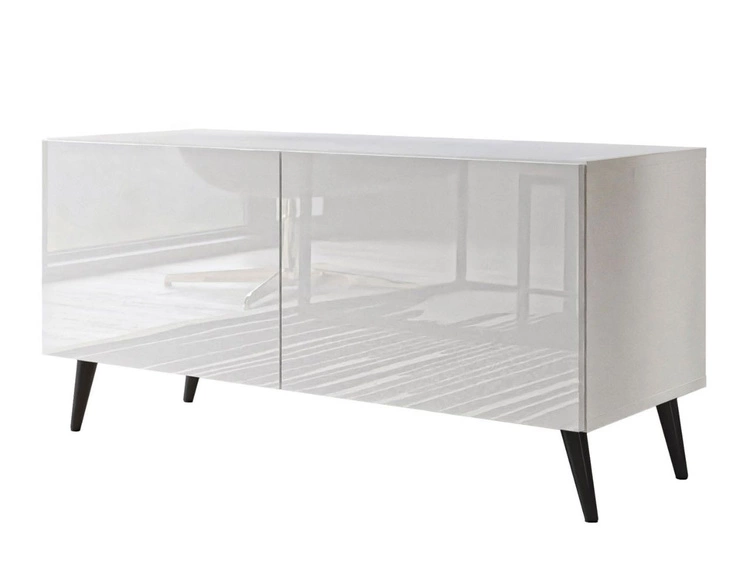 TV-Lowboard mit Türen und LED-Beleuchtung auf Schwarzen Metallbeinen 100 cm Noaé Weiß Hochglanz