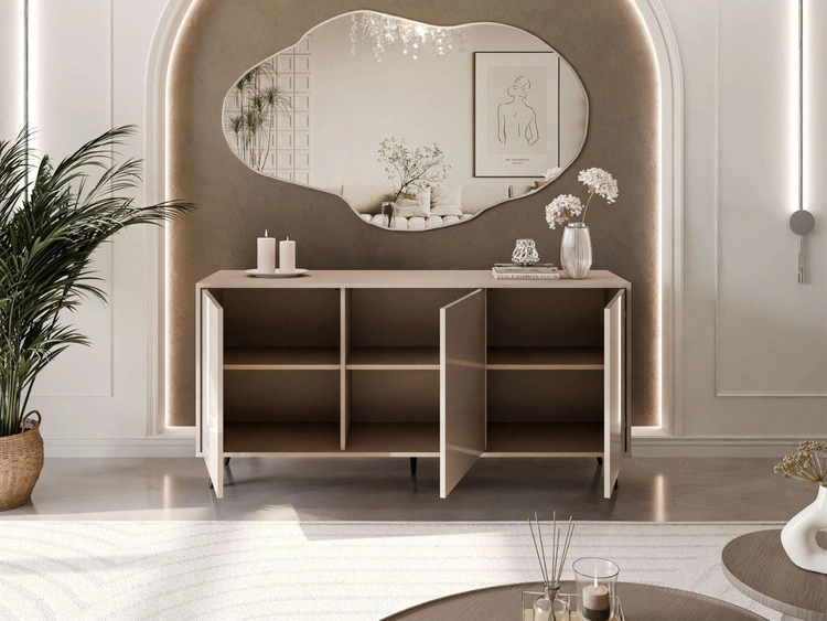 Dreitürige Kommode 154 cm Glamour-Stil auf schwarzfarbenen Metallbeinen Vivance Kaschmirglanz