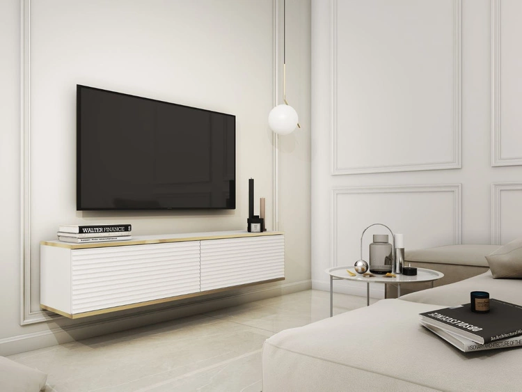 TV-Lowboard Hänge mit Türen 135 cm Diolo Weiß mit geriffelter Vorderseite