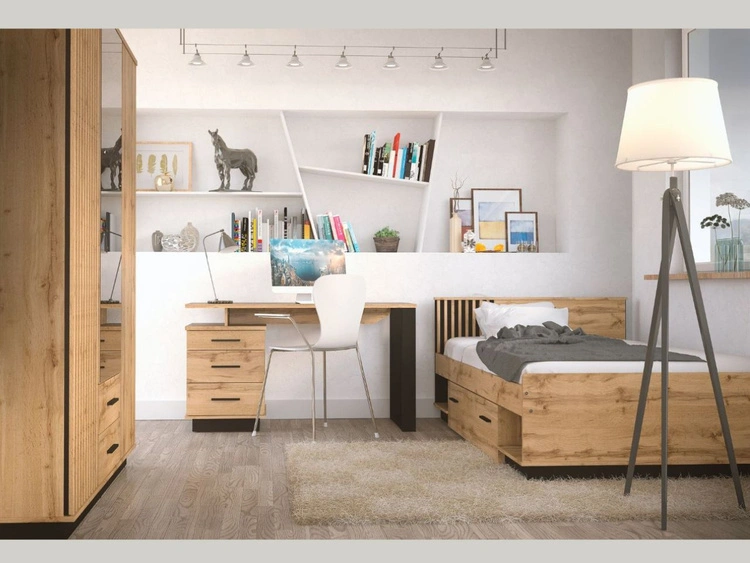 Spiegelschrank 150 cm mit Lamellen und Schubladen für das Schlafzimmer Lavore Wotan Eiche, Schwarz matt