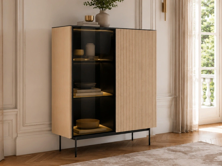 Standvitrine mit einer Glastür, LED-Beleuchtung für das Wohnzimmer Auroé Eiche Vicenza