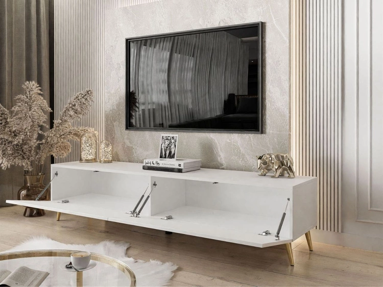 TV-Lowboard mit Türen auf Goldenen Metallbeinen 175 cm Sorelle Weiß Hochglanz