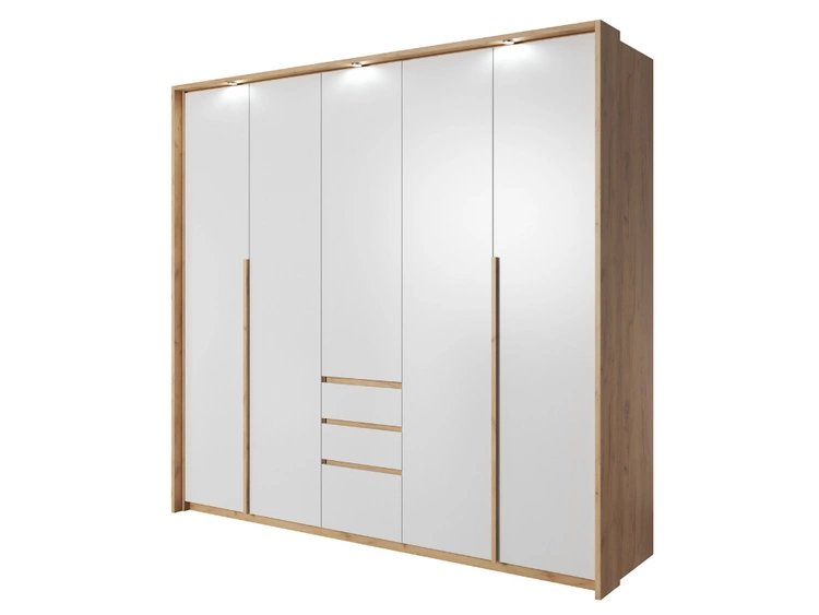 Fünftüriger Kleiderschrank mit Drehtüren und LED-Beleuchtung Baffi Eiche Craft Gold, Weiß