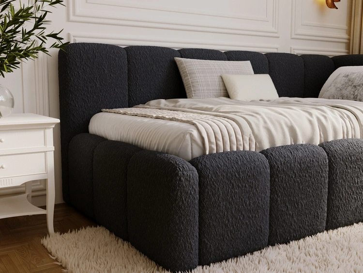 Jugendbett Einzelbett mit Bettkasten und Lattenrost 90x200 Cloud One Schwarz Bouclé-Stoff
