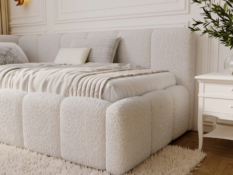 Jugendbett Einzelbett mit Bettkasten und Lattenrost 90x200 Cloud One Beige Bouclé-Stoff