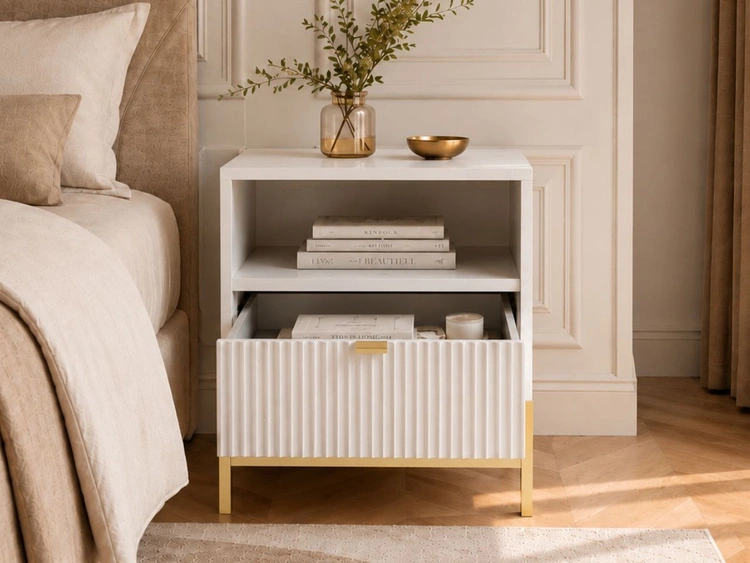 Nachtschrank mit Schublade Amber Weiß, Gold Frame