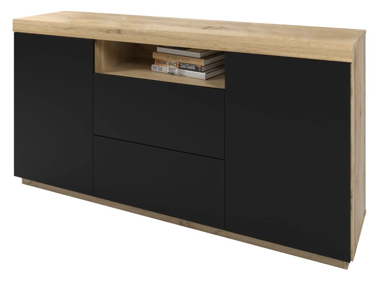 Zweittürige Kommode 164 cm im Loft-Stil Asumi Schwarz matt und Eiche Wotan