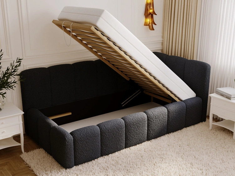 Jugendbett Einzelbett mit Bettkasten und Lattenrost 90x200 Cloud One Schwarz Bouclé-Stoff