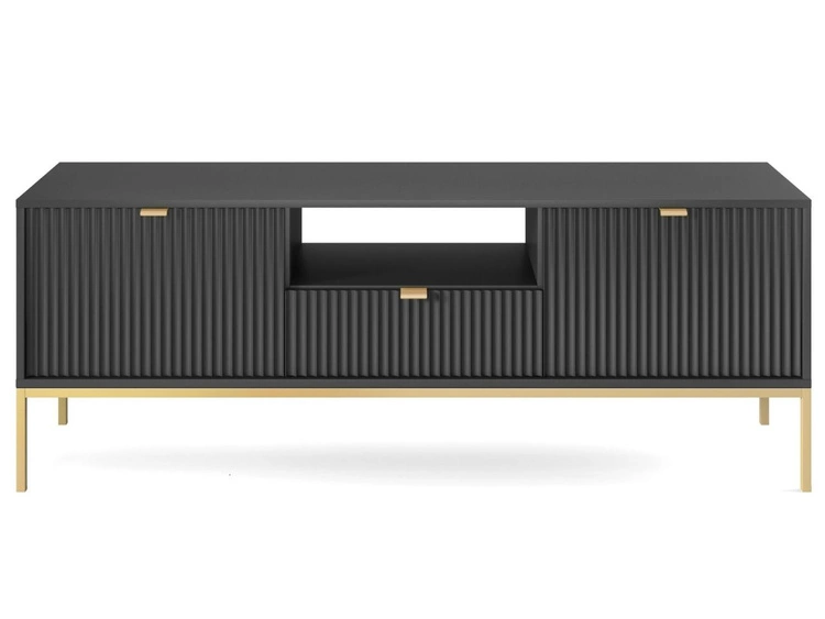 TV-Lowboard mit Schublade und Türen Amber Schwarz, Gold Frame