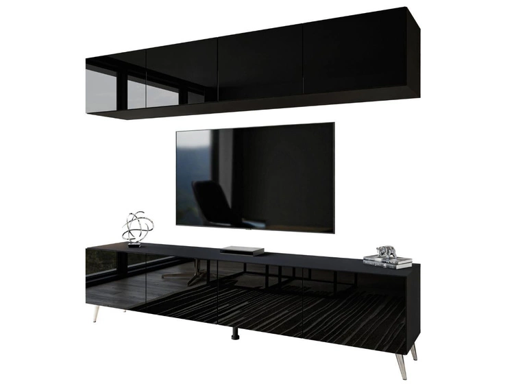 Wohnwand für das Wohnzimmer mit LED-Beleuchtung auf Silbernen Metallbeinen Noaé Weiß Hochglanz