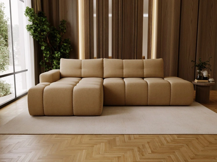 Ecksofa L-Form Links mit Schlaffunktion und Bettkasten Montero Hellbraun
