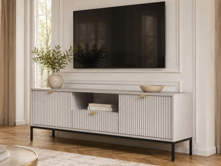 TV-Lowboard mit Schublade und Türen Amber Grau, Schwarz Frame