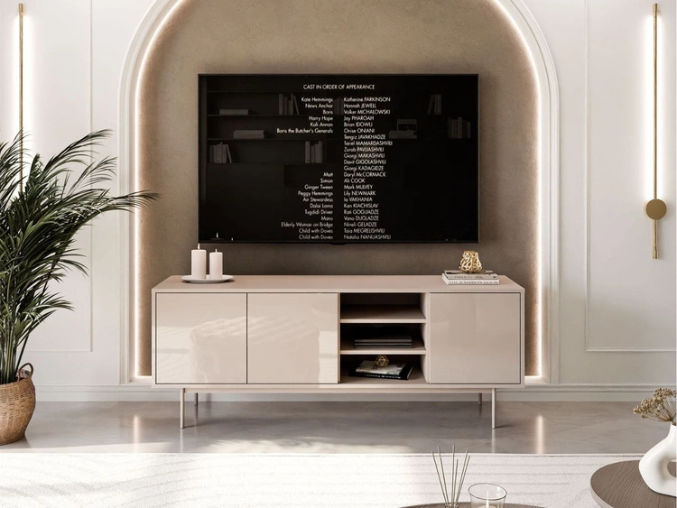 TV-Lowboard im Glamour-Stil mit Türen auf kaschmirfarbenen Füßen Vivance, Kaschmir Hochglanz