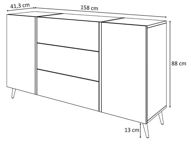 Zweitürige Kommode 158 cm mit drei Schubladen und schwarzen Griffen Lunelie Flagstaff-Eiche