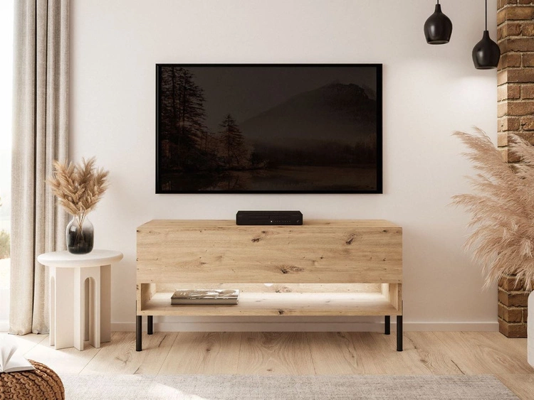 TV-Schrank 90 cm mit LED-Beleuchtung und schwarzen Beinen Aurelie Artisan Eiche