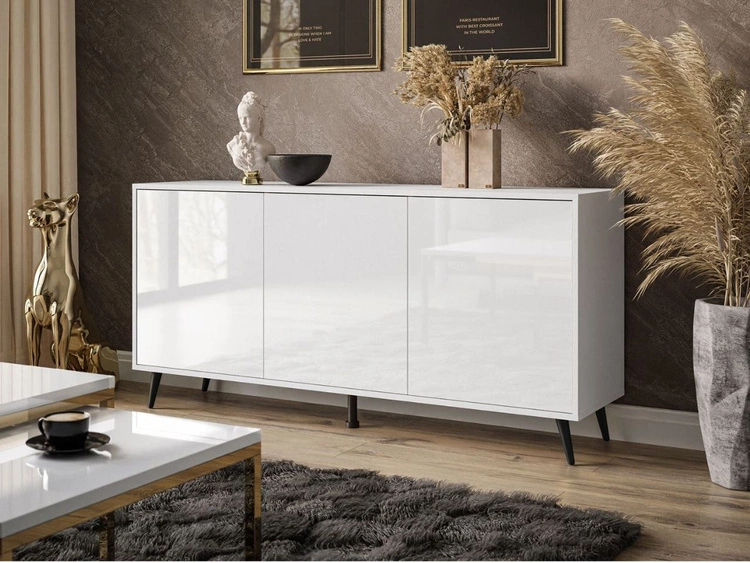 Dreitürige Kommode 154 cm Glamour-Stil auf schwarzfarbenen Metallbeinen Vivance Weißglanz