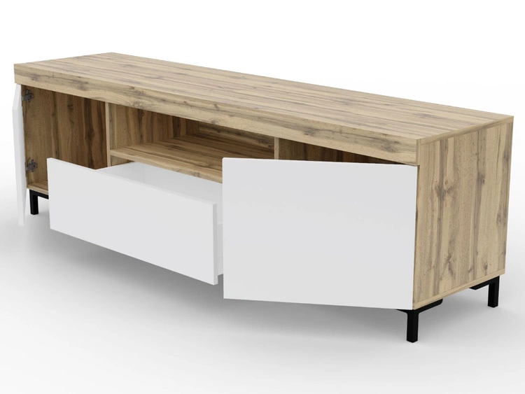 Wohnzimmer-Set – TV-Schrank und Kommode auf schwarzen Füßen Asumi Weiß und Eiche Wotan