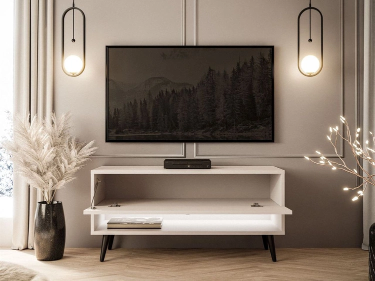TV-Schrank 90 cm mit LED-Beleuchtung und schwarzen Beinen Aurelie Kaschmir Hochglanz