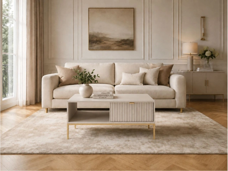 Couchtisch mit Stauraum Amber Kaschmir auf goldenen Beinen
