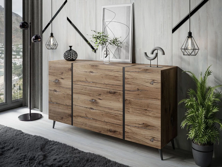 Zweitürige Kommode 158 cm mit drei Schubladen und Metallbeinen Lunelie Flagstaff-Eiche
