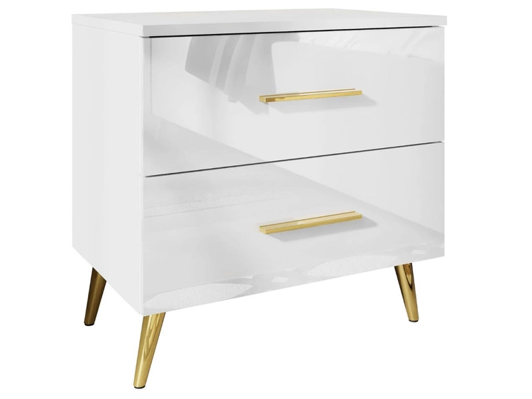 Nachttisch mit Schubladen auf Goldenen Metallbeinen Nuveo Weiß Hochglanz