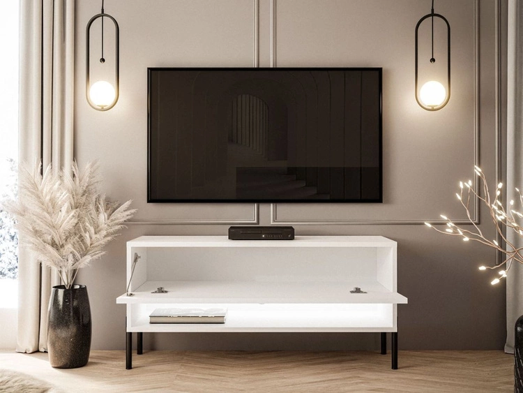 TV-Schrank 90 cm mit LED-Beleuchtung und schwarzen Metallbeinen Aurelie Weiß Hochglanz